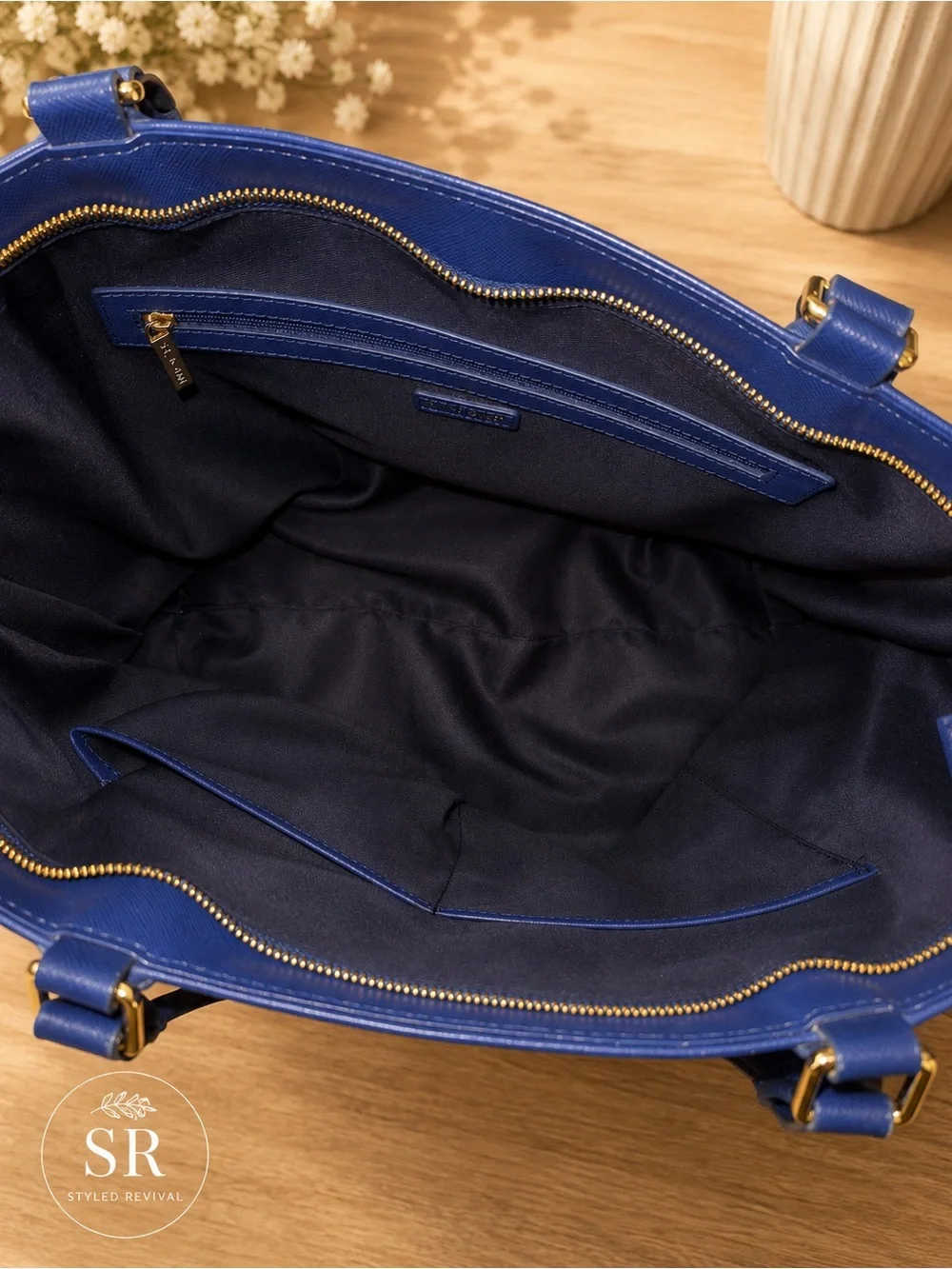 St. John XL Blue Saffiano Leather Work Tote Shopper Bag Gold Logo